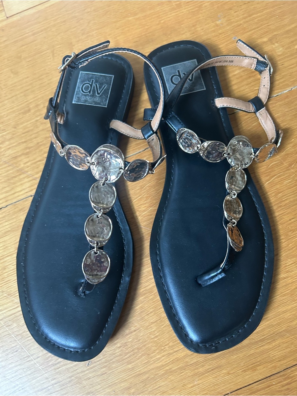 DV by Dolce Vita Black and Tan Gemstone T-Strap Sandals